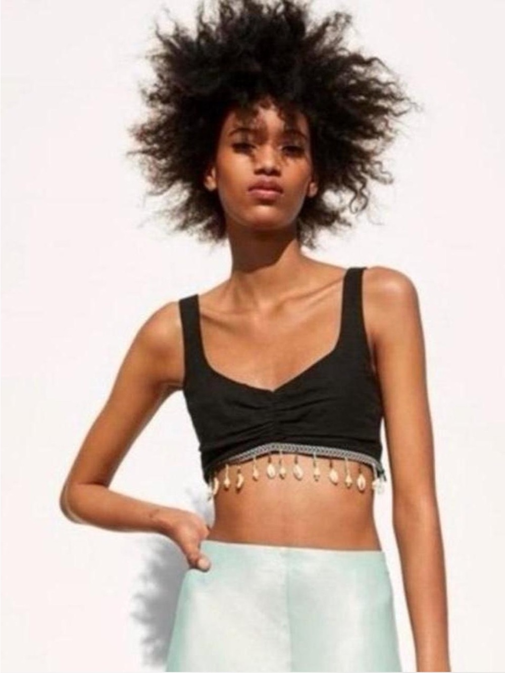 Zara Black Crop Tank with Beaded Fringe